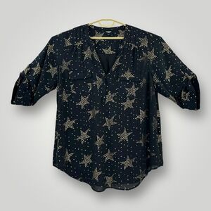 Torrid Harper Blouse Womens Size 2X Black Gold Star Print 3/4 Sleeve Sheer Top